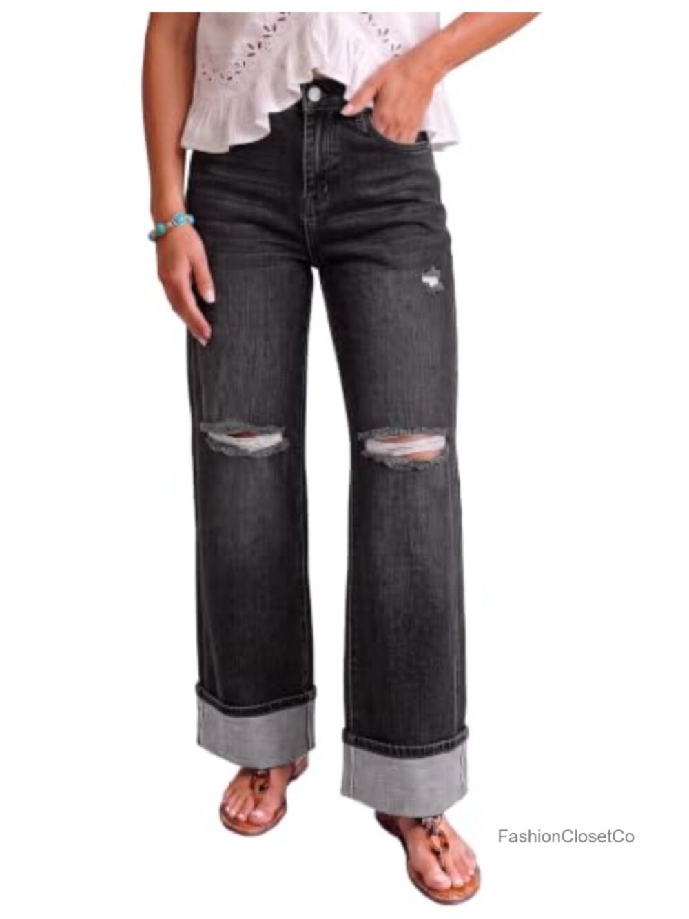 Wide Leg High Waisted Stretchy Ripped Denim Jeans Boyfriend Fit